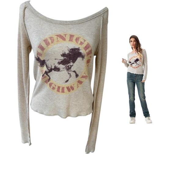 VTG FREE PEOPLE WE THE FREE WESTERN HORSES CROPPED THERMAL LONG SLEEVE TOP SZ. S - Picture 2 of 4